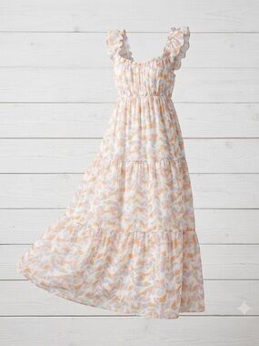 NWT Lush Clothing Geometric Ruffle Tiered Maxi Dress Pastel Orange Purple L